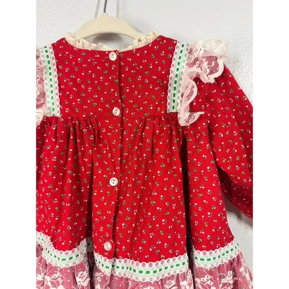 Bryan Girls Toddler Baby Christmas Dress Red Floral Lace Ruffle Button Back Vtg - Picture 4 of 7